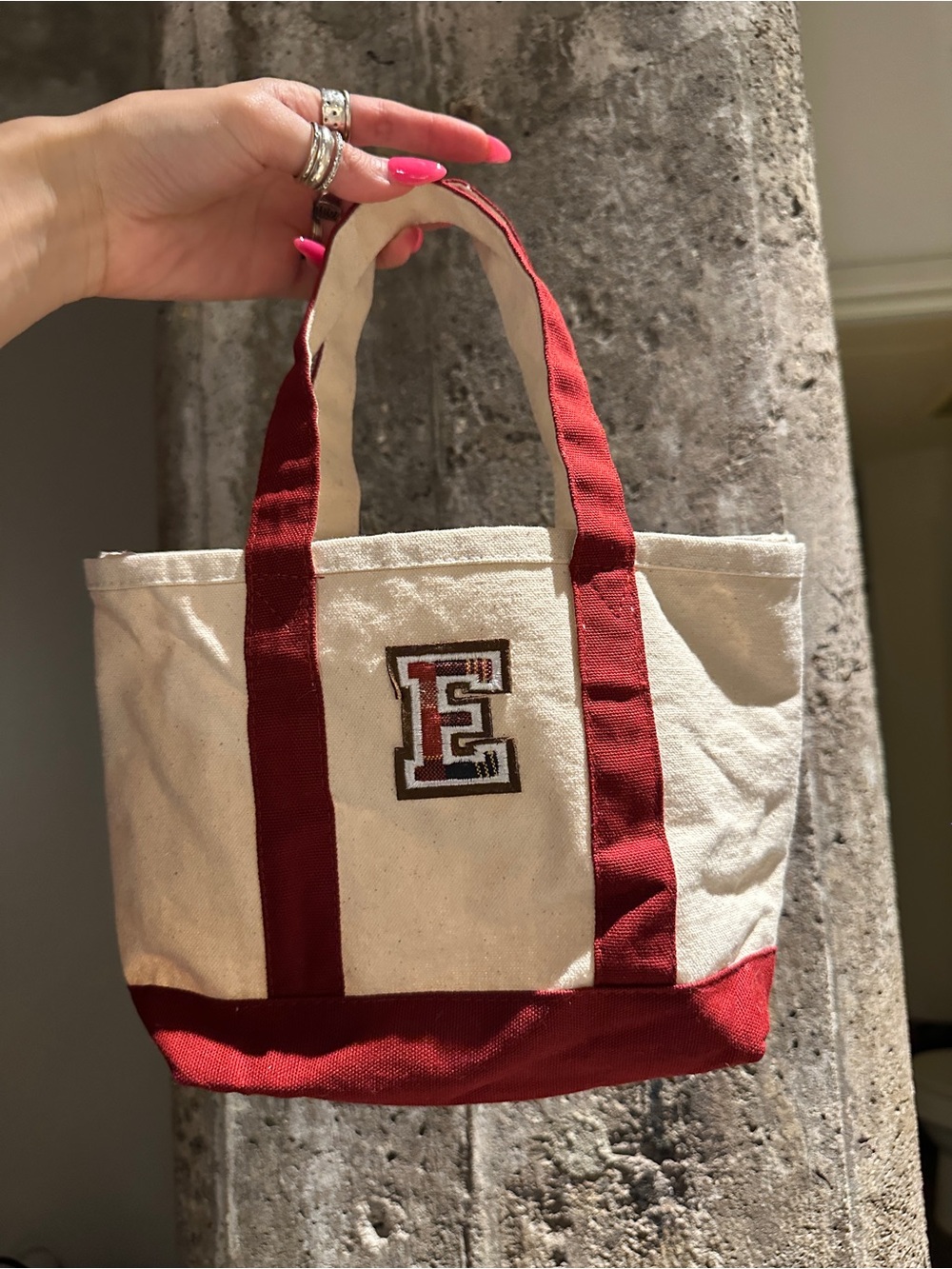 Mini Canvas Tote Bag with Red Trim and 'E' Patch